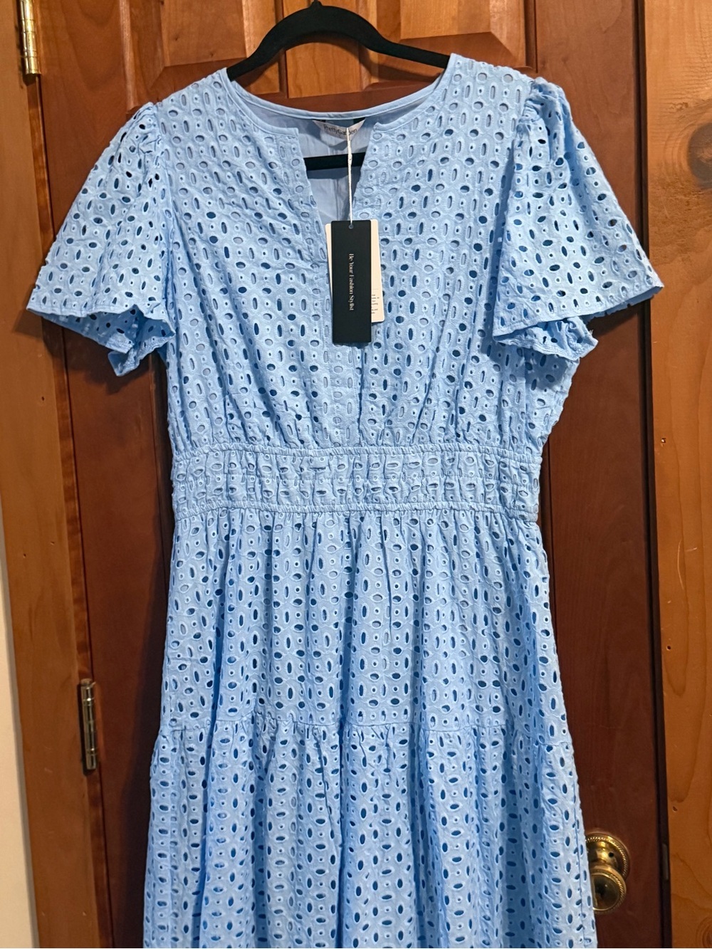 Pretty Garden Light Blue Eyelet Short Sleeve Maxi Dress. - Picture 3 of 7